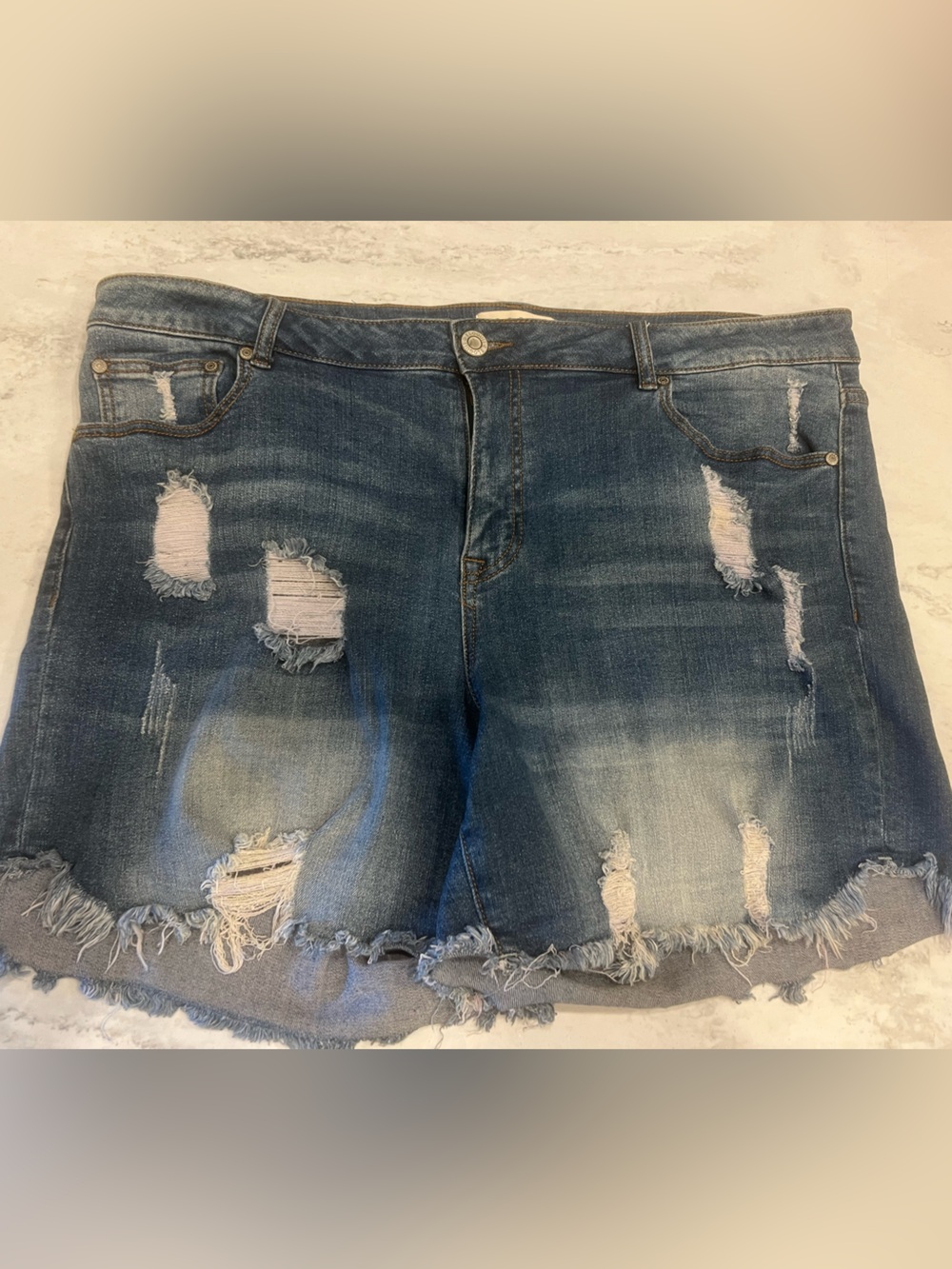Eloquii Distressed Denim Shorts - Dark Blue Wash
